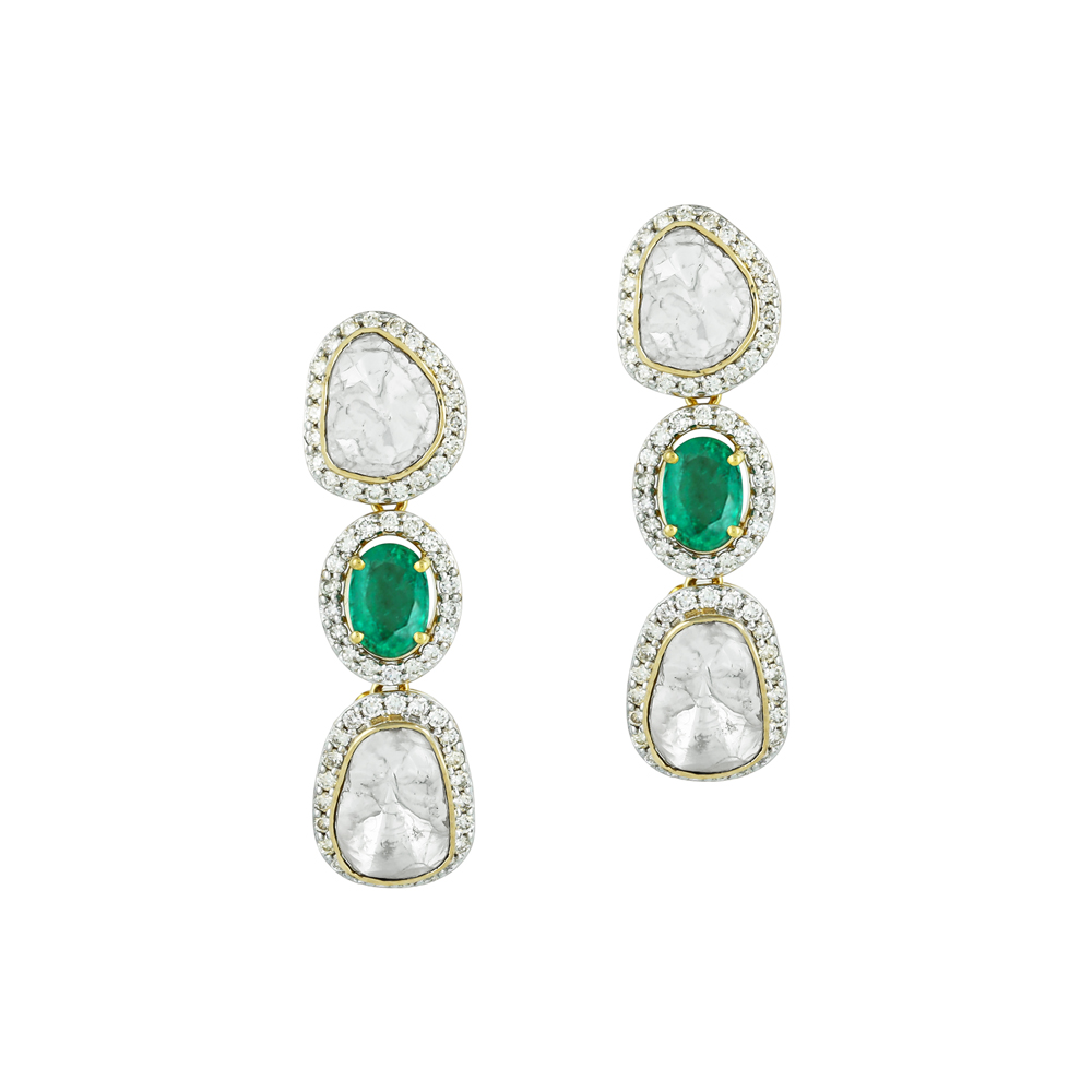 Oval Emerald Earrings with Polki & Diamond Halo Borders